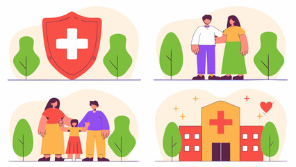 Illustrations showing health insurance family care and hospital with medical symbol protection on transparent background silhouette
