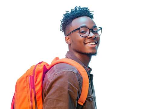 Smiling young man with glasses and backpack isolated on transparent background. Smiling young african college student with books and backpack and wearing glasses isolated on white background.