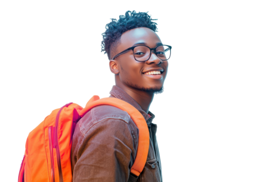 Smiling young man with glasses and backpack isolated on transparent background. Smiling young african college student with books and backpack and wearing glasses isolated on white background. - Powered by Adobe