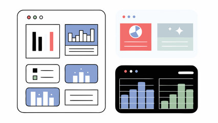 Dashboard interface showcasing different data visualizations and graphical representations on screens on transparent background silhouette