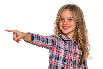 Happy young girl with long blonde hair pointing to the left isolated on transparent background. Smiling young girl confidently pointing to the side suggesting direction isolated on white background.
