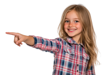 Happy young girl with long blonde hair pointing to the left isolated on transparent background. Smiling young girl confidently pointing to the side suggesting direction isolated on white background.