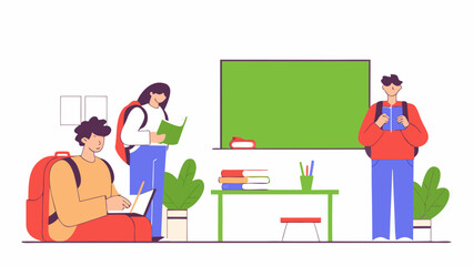 Students in a classroom setting with a blackboard, desk, books, and studying together at school on transparent background silhouette