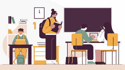 Illustration showing students in a classroom setting with a blackboard and desks and a clock on the wall on transparent background silhouette