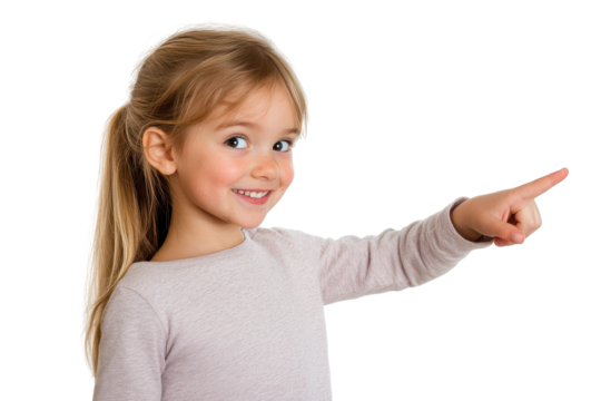 Young girl pointing to the right isolated on transparent background. Smiling young girl confidently pointing to the side suggesting direction isolated on white background.