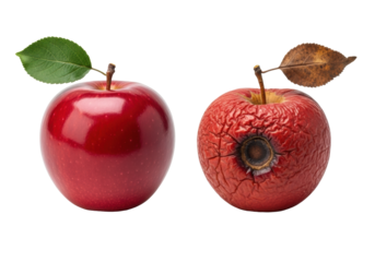 Ultra-realistic fresh red apple with green leaf next to decaying red apple with brown leaf, high-angle, soft light, transparent studio background, ample copy space, concept of aging and decay