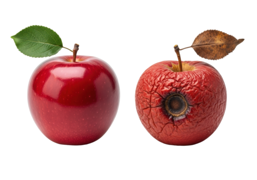 Ultra-realistic fresh red apple with green leaf next to decaying red apple with brown leaf, high-angle, soft light, transparent studio background, ample copy space, concept of aging and decay