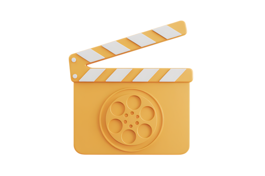 Stylized Yellow Movie Clapperboard with Film Reel Icon Depicts the Film Production, Entertainment, and Cinema Industry in a Digital 3D Rendering