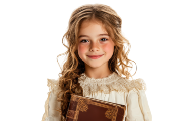 Young girl in historical dress holding a book isolated on transparent background. Smiling young student girl with book isolated on white background.