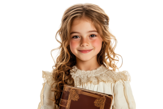 Young girl in historical dress holding a book isolated on transparent background. Smiling young student girl with book isolated on white background.
