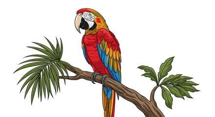 A detailed vector illustration of a vibrant scarlet macaw parrot perched on a tropical jungle branch, an exotic bird svg isolated on transparent background.