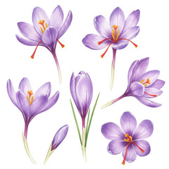 Watercolor saffron crocus flowers with delicate purple petals and vibrant orange stigmas isolated on white background