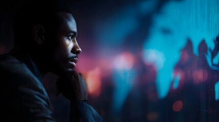 A focused businessman contemplates complex global market data presented on a vibrant high tech digital display in a dark modern environment