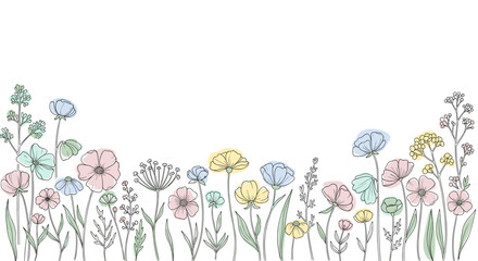 Beautiful hand-drawn pastel wildflowers in a delicate line art sketch style, decorative floral border element, vector illustration svg isolated on background.