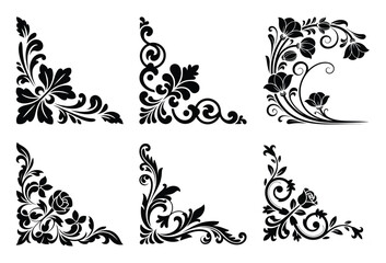 Collection of six ornate floral corner designs isolated on white background