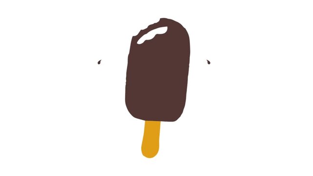 Animated chocolate ice cream bar with bite mark and melting drops on white background

