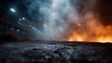 An intense industrial factory interior filled with dramatic smoke flying sparks and the fiery glow of intense heat set against dark atmospheric