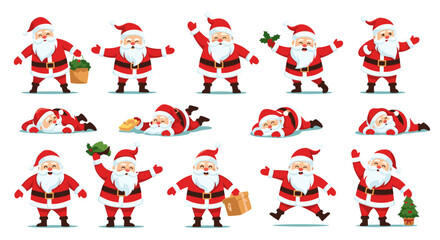 Pixel art Santa Claus character set with various poses for Christmas holiday design, an svg vector illustration isolated on transparent background.