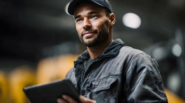 A focused industrial worker in a cap and jacket holds a tablet