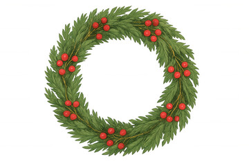 Christmas wreath illustrating evergreen pine branches with red berries, a traditional festive holiday decoration on transparent background