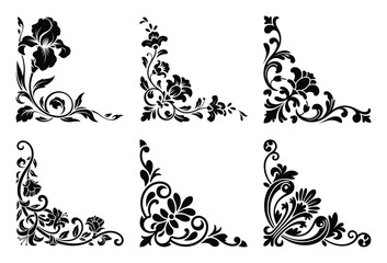 Collection of six decorative floral corner elements isolated on white background
