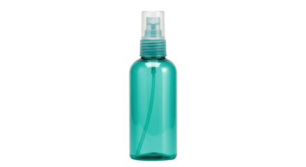 Turquoise spray bottle isolated on transparent background, empty container for cosmetic liquid or cleaning product PNG