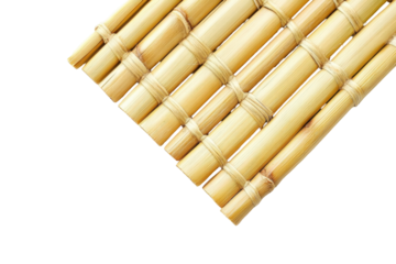 Close up of woven bamboo sticks forming a textured pattern isolated on transparent background. Traditional bamboo mat with vertical sticks isolated on white background.