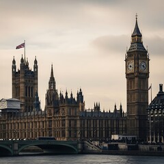 Fototapeta premium Majestic structures of the Houses of Parliament in London, England, stand on the banks of the Thames River under a somber sky.