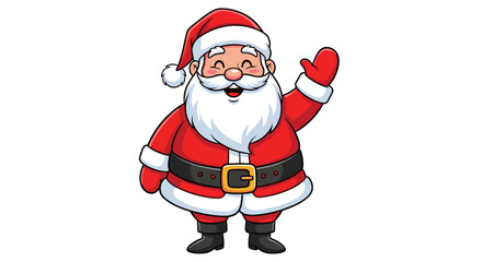 Fototapeta premium Cheerful Santa Claus character in iconic red suit, smiling and waving for Christmas, festive holiday celebration, full body svg vector illustration isolated on transparent bg.