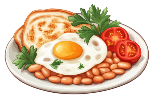 Full english breakfast with fried egg sausages beans toast and tomato isolated on transparent background. Traditional english breakfast plate isolated on white background.