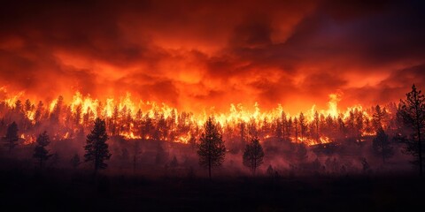 Forest ablaze with intense wildfire under a fiery sky