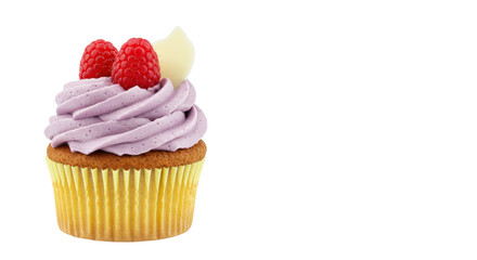 Delicious cupcake with purple frosting isolated, topped with fresh raspberries and white chocolate, sweet dessert for birthdays and celebrations
