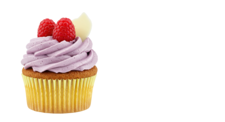 Delicious cupcake with purple frosting isolated, topped with fresh raspberries and white chocolate, sweet dessert for birthdays and celebrations
