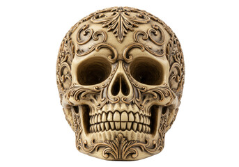 Ornate sugar skull isolated on transparent background, decorative day of the dead skull for Halloween and Dia de los Muertos designs