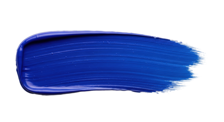 Visually striking deep ultramarine blue paint stroke with rich impasto texture, fine bristle marks, fluid movement on pristine transparent background, abstract art concept