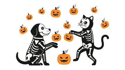 Spooky Celebration: A playful cat and dog dressed in skeleton costumes are set against a backdrop of carved pumpkins. This charming illustration evokes a sense of fun, excitement, and festivity.