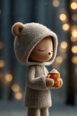 Side profile of adorable teddy bear in cozy knitted hoodie holding festive mug with whipped cream,warm bokeh lights in snowy winter scene, perfect for Christmas cards, kids illustrations, seasonal art