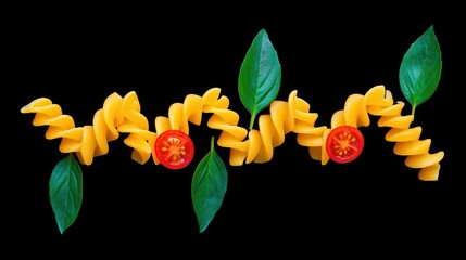 Artistic arrangement of pasta, basil, tomato on black background
