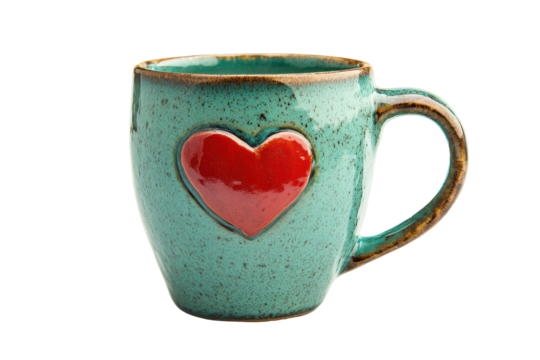 Rustic ceramic mug with red heart decoration isolated on transparent background. Vibrant green ceramic mug isolated on white background.