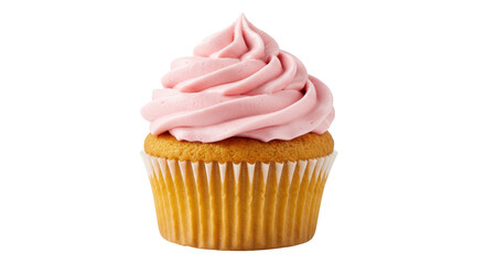 Delicious vanilla cupcake with pink frosting isolated, sweet dessert for birthday party or celebration PNG