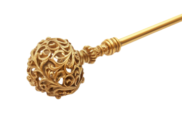 Antique ornate brass skeleton key isolated on transparent background. Vintage skeleton key gold with a round handle and intricate design isolated on white background.