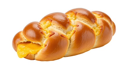 Braided cheese bread isolated on transparent background, golden brown loaf with melted cheese filling for bakery and breakfast concepts