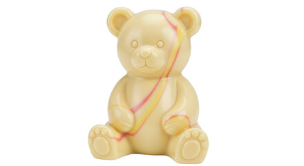 Cute white chocolate teddy bear isolated, sweet confectionery treat for kids on transparent background PNG