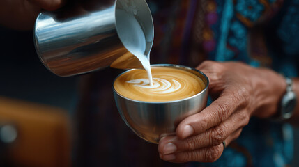 Latte art being poured into metal cup with creamy milk, showing skilled barista hands creating beautiful coffee design