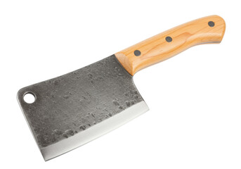 Meat cleaver isolated on white, butcher knife with wooden handle and rustic blade for food preparation and professional cooking