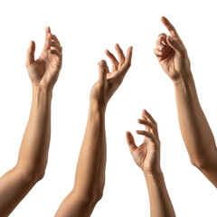 Adult male Asian arm and hand, light brown skin, intricate veins, multiple dynamic upward-reaching gestures on a transparent studio background, concept for abstract interaction