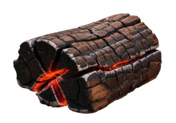 Burning log isolated on transparent background, charred wood with glowing embers for campfire or fireplace design element PNG