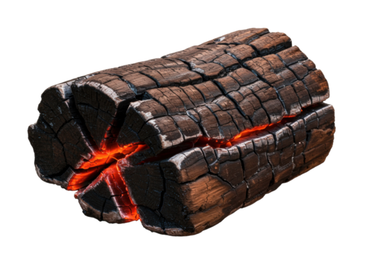 Burning log isolated on transparent background, charred wood with glowing embers for campfire or fireplace design element PNG