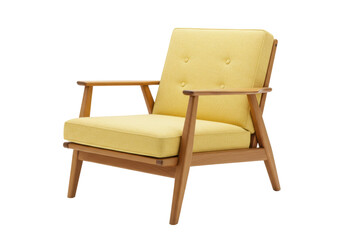 Yellow armchair isolated on white, mid-century modern lounge chair with wooden frame and fabric...
