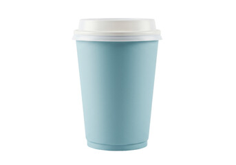 Light blue coffee cup with white lid isolated on transparent background, disposable drink container for hot beverages